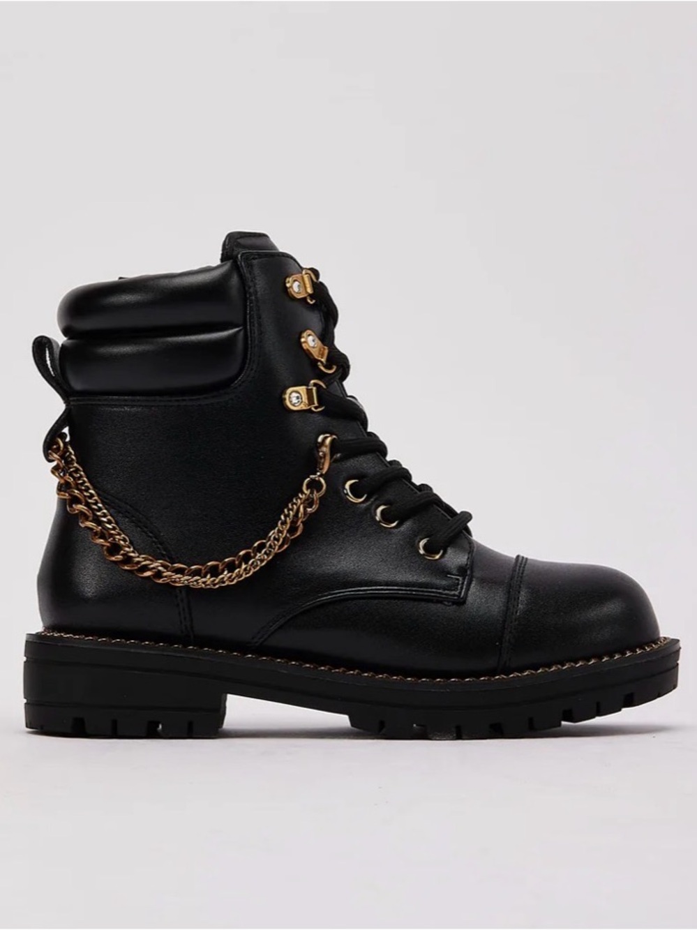 Kurt Geiger black leather Combat Boots with Gold Chain,rhinestone loop Y5 W7